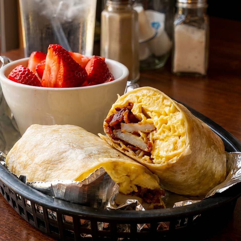 A breakfast burrito with eggs and bacon, cut in half, served with a side of fresh strawberries.