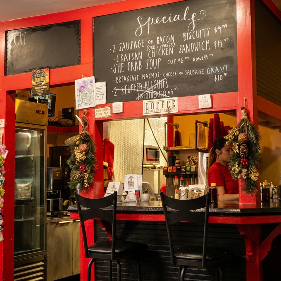 Cozy restaurant interior with a red and black counter, specials board, and a staff member.
