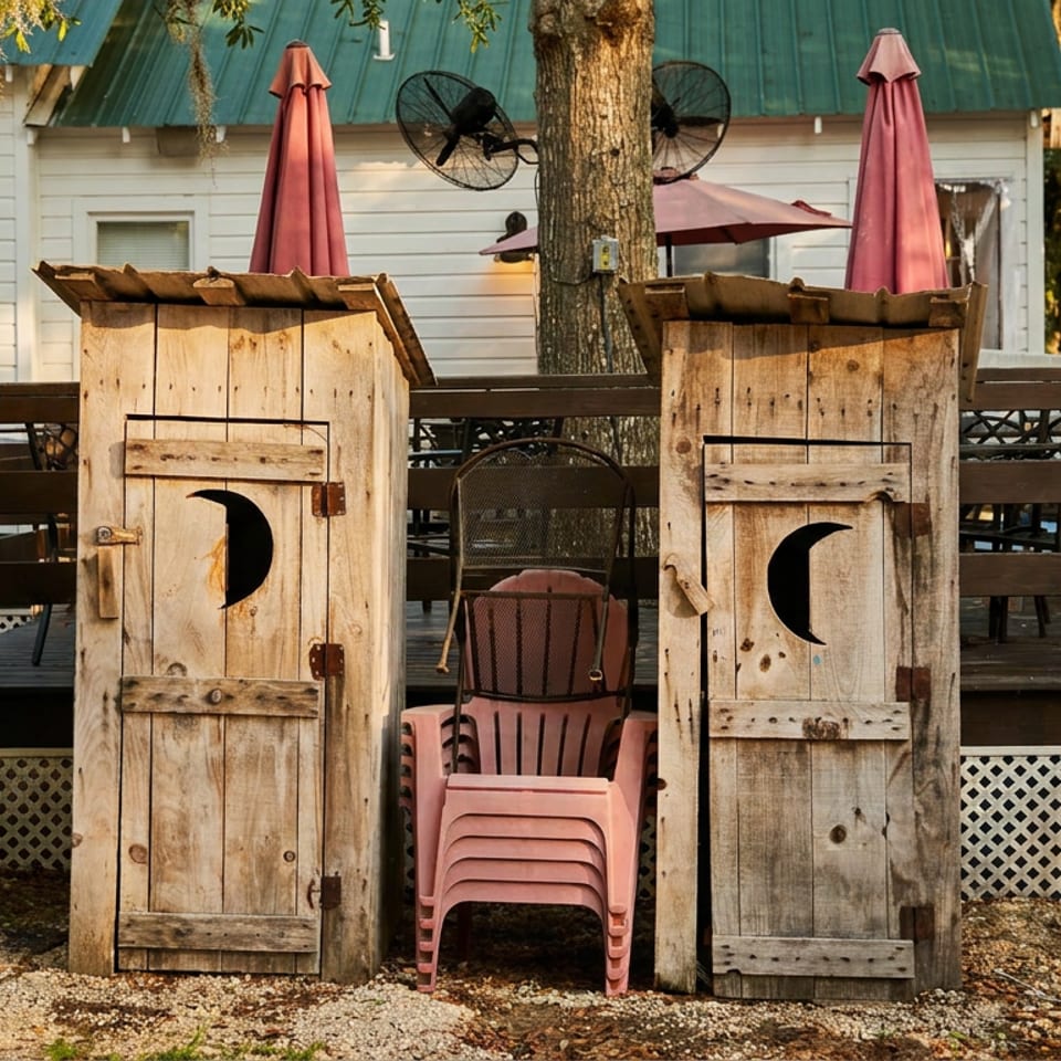 Rustic wooden outhouse-style structures with crescent moons flank stacked pink chairs at an outdoor restaurant.