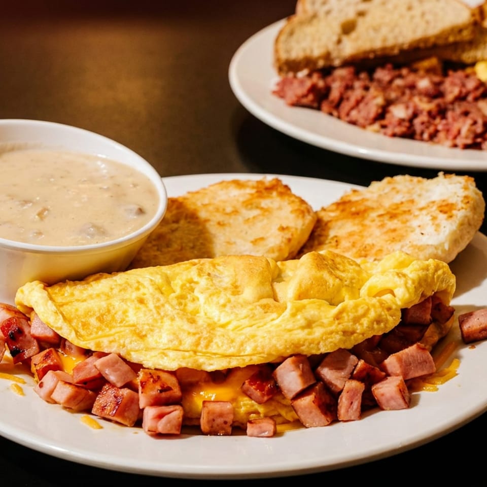 Two breakfast plates featuring an omelet, hash browns, gravy, scrambled eggs, corned beef hash, and toast.