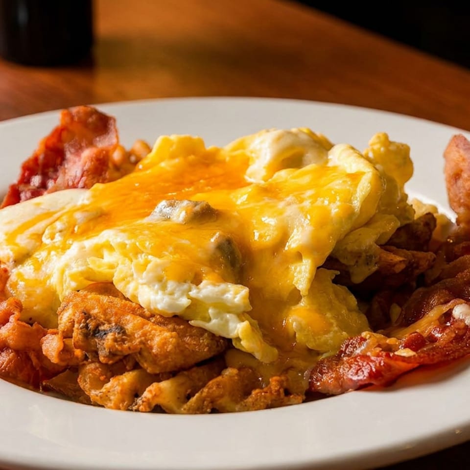 Delicious breakfast plate with cheesy scrambled eggs, crispy bacon, and golden waffle fries.