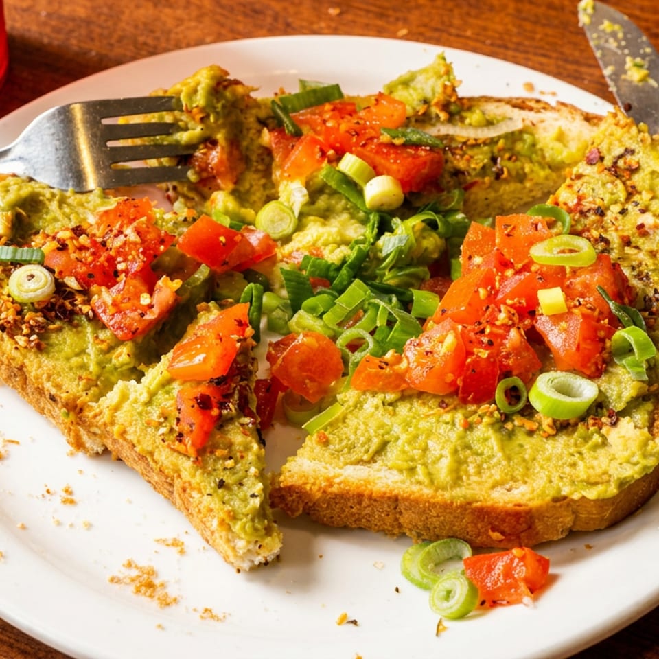 Two slices of avocado toast topped with tomatoes, green onions, and chili flakes on a white plate.