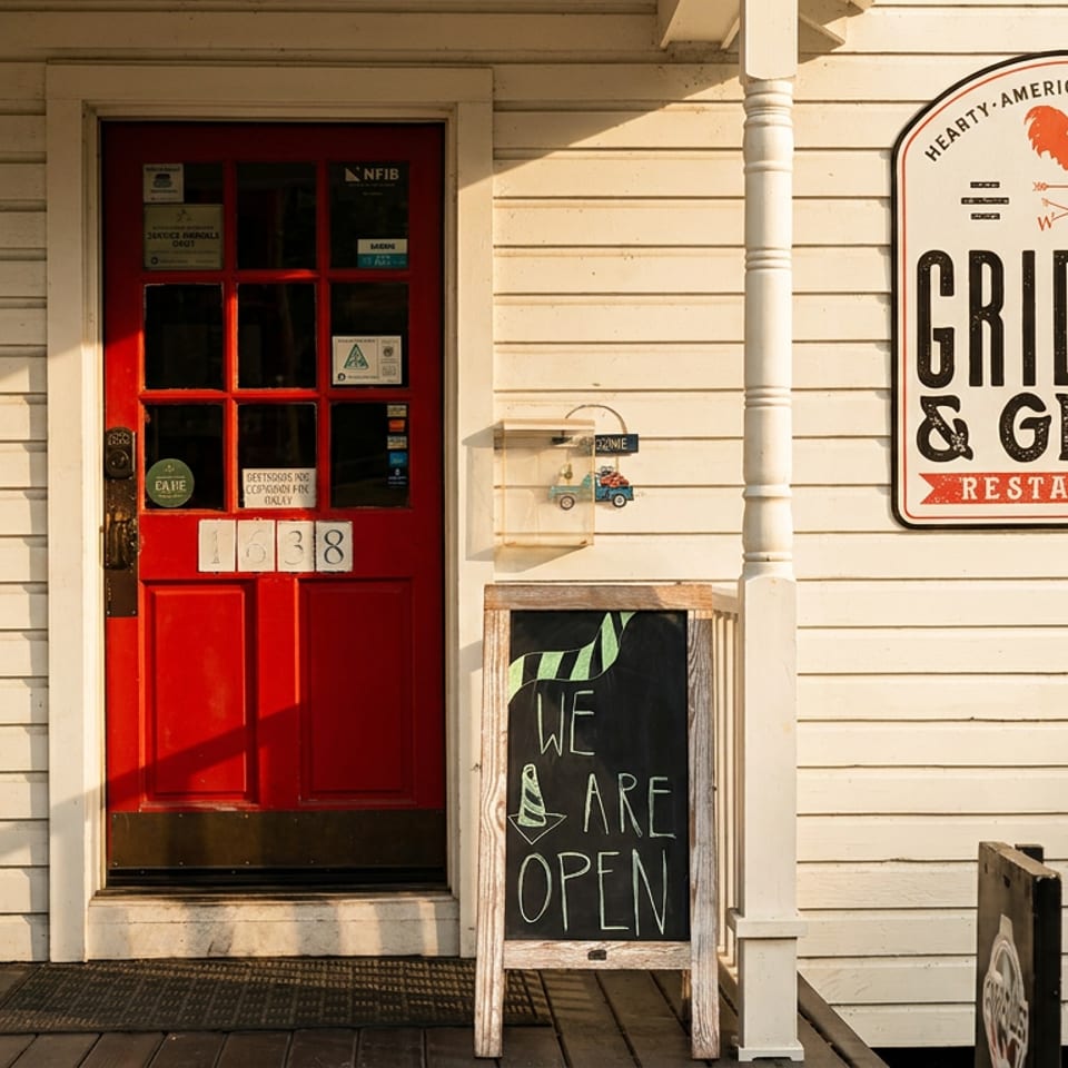 White clapboard building with a red door, "Griddle & Grits" sign, and a chalkboard reading "We Are Open".