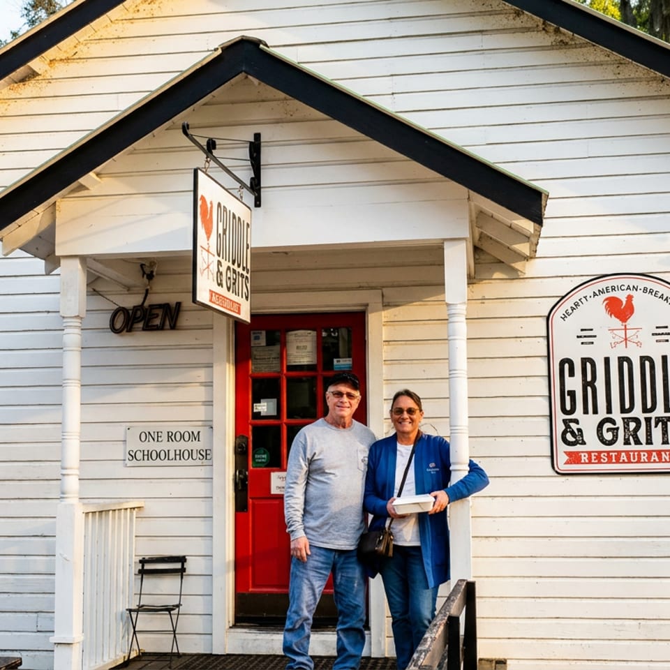 Two smiling people stand outside the white Griddle & Grits restaurant with a red door and American flag.